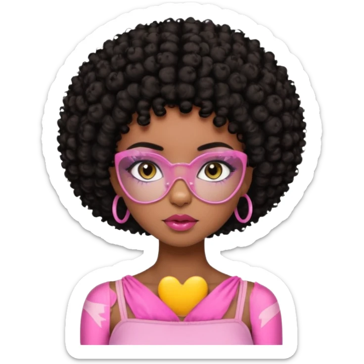 Dark brown skin girl with short black curly hair afro styled , she has pretty wispy cat eyelashes and is wearing a light pink tube top with lip gloss  sticker
