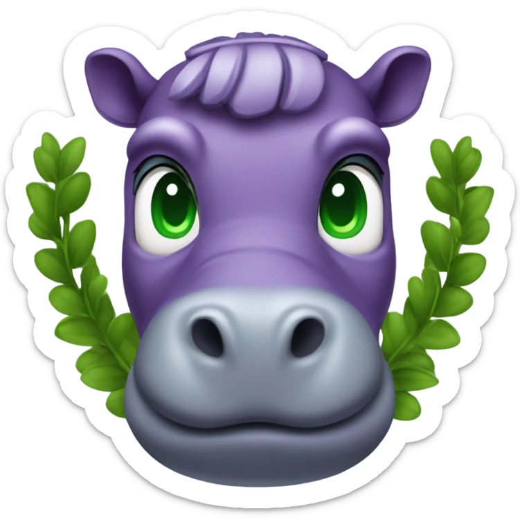 Waist-length purple hippopotamus with green eyes and a laurel wreath on its head sticker