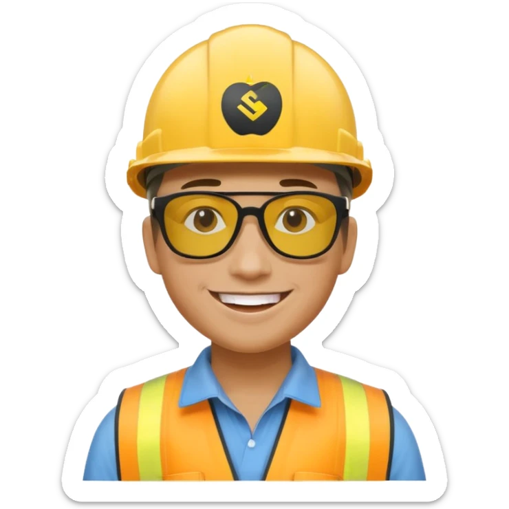 bonhomme avec un casque de chantier jaune, logo SRE visible, lunettes de soleil stylées, grand sourire, style emoji Apple sticker