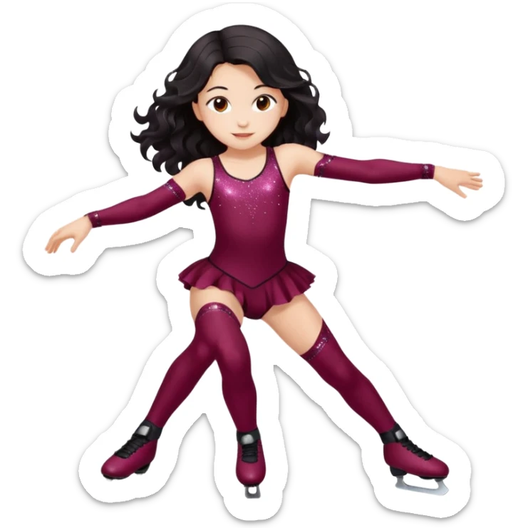 Una patinadora de 12 años y es morena de pelo y lleva un mallott granate con brillos y esta patinando con patines de ruedas en linea y su piel es clara y el pelo es largo negro ondulado sticker