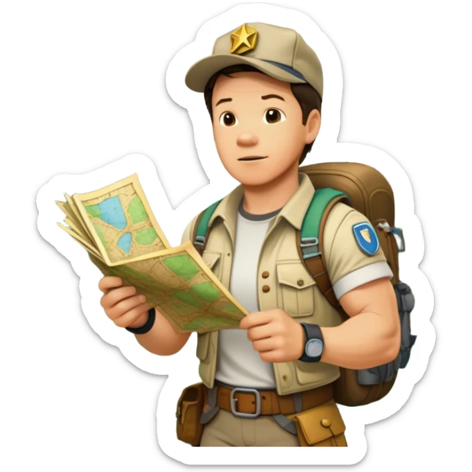 Icon for Adventure Movie: Mark Wahlberg among jungle in a jungle setting, holding a treasure map and surrounded by adventure gear. Behind him, ancient ruins rise through the dense foliage. Exciting, action-packed atmosphere with vivid jungle details. Transparent background. sticker