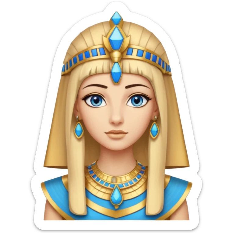 crea l'emoji di Cleopatra ma con i capelli biondi e gli occhi azzurri vestita da faraone con i gioielli egiziani e il cappello da faraone sticker