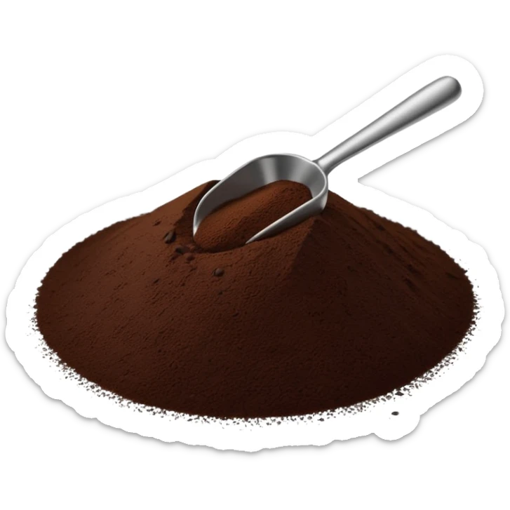 pile of ground coffee, rich dark brown, uneven surface, a few loose grains around, tiny metal coffee scoop partially placed in, clean minimal 3D, soft shadows, stylized for clarity, no packaging no cup no beans sticker