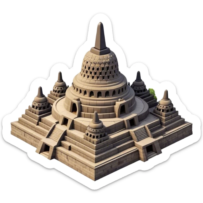 Cinematic Realistic Borobudur Landmark Emoji, showcasing the majestic ancient Buddhist temple rendered with intricate textures and serene, historic lighting. sticker