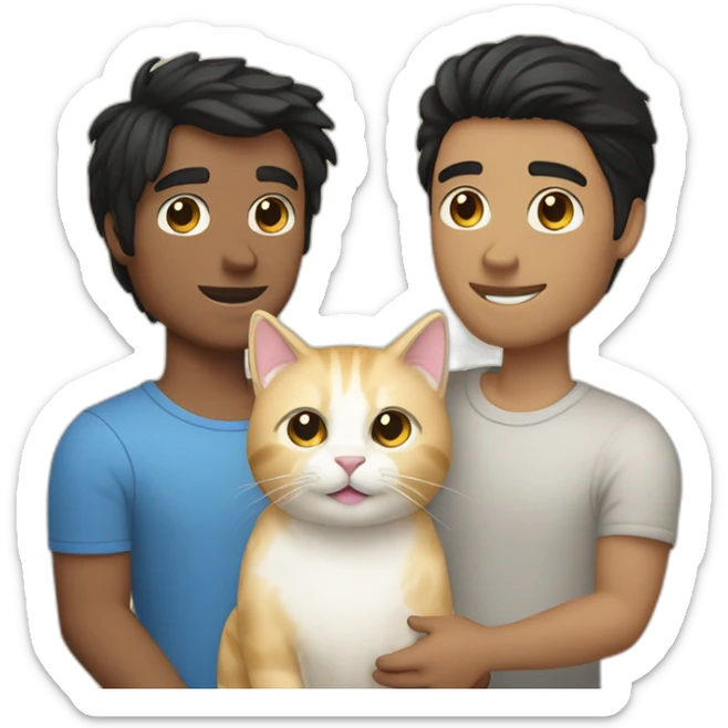 Gay couple, 1 guy Latino black straight black hair and 1 Australian white guy with blonde slightly curly hair holding a cat sticker