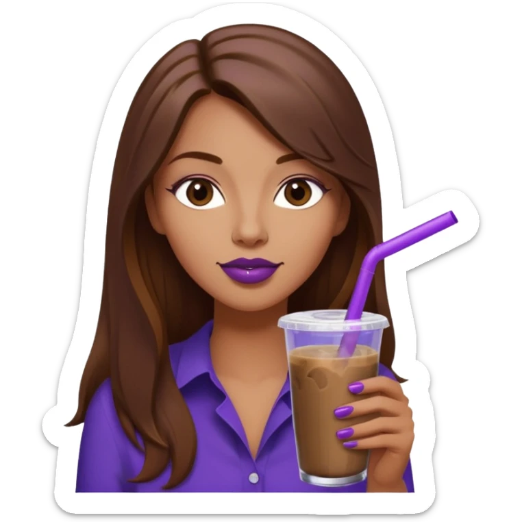girl with long brown hair and wine lipstick drinking a blueberry butter pecan iced coffee with a purple straw  sticker