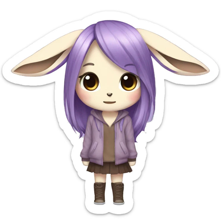 Kawaii Pale Eevee with dark brown long emo hair covering her eyes, violet iris Full Body sticker