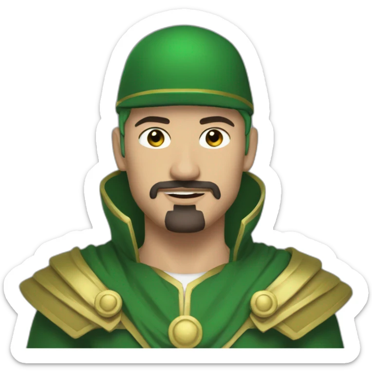 man with green hair green suit and large green top with gold strip hat goatee green cape sticker