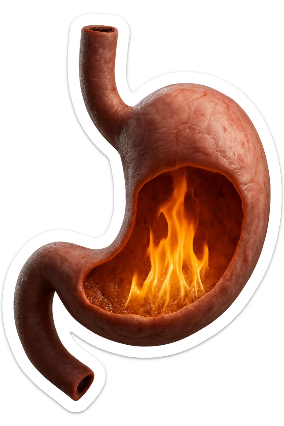 stomaco umano anatomico  con fiamma che brucia all'interno, iperrealistico 4k sticker