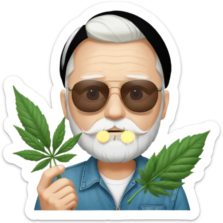 An old skinny guy in his 50's with white hair and stumbly small white beard, he wears a pair of sunglassed and holds a Big marihuana leaf  sticker