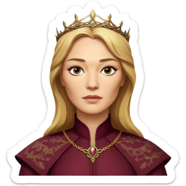 Cinematic Realistic Cersei Lannister Portrait, depicted with lifelike skin texture, subtle rosy undertones, and soft natural lighting that enhances the gentle contours of her face. Her intricately detailed golden blonde hair is elegantly styled , sticker