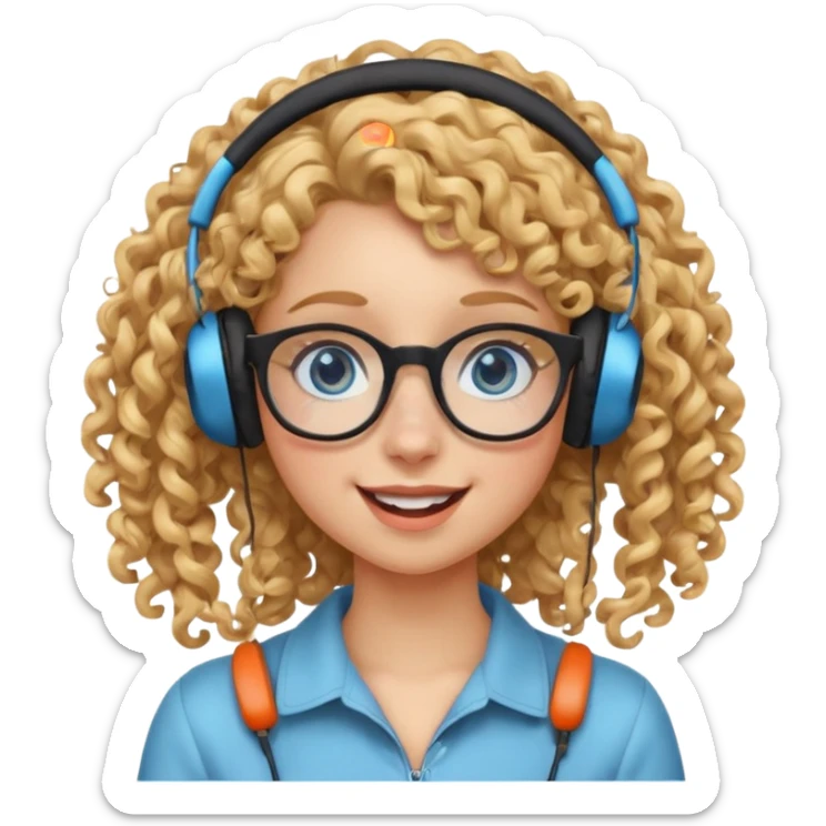 blond kid with unique face features and very curly hair kid girl happy and big glasess and big nose and very blue eyes with freckles kind of nerd looking and headphone wearing sticker