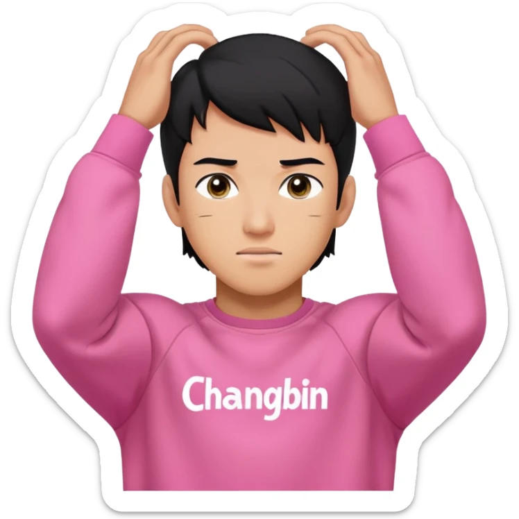 Muscular man with black hair and a pink sweatshirt with the name Changbin over his head sticker