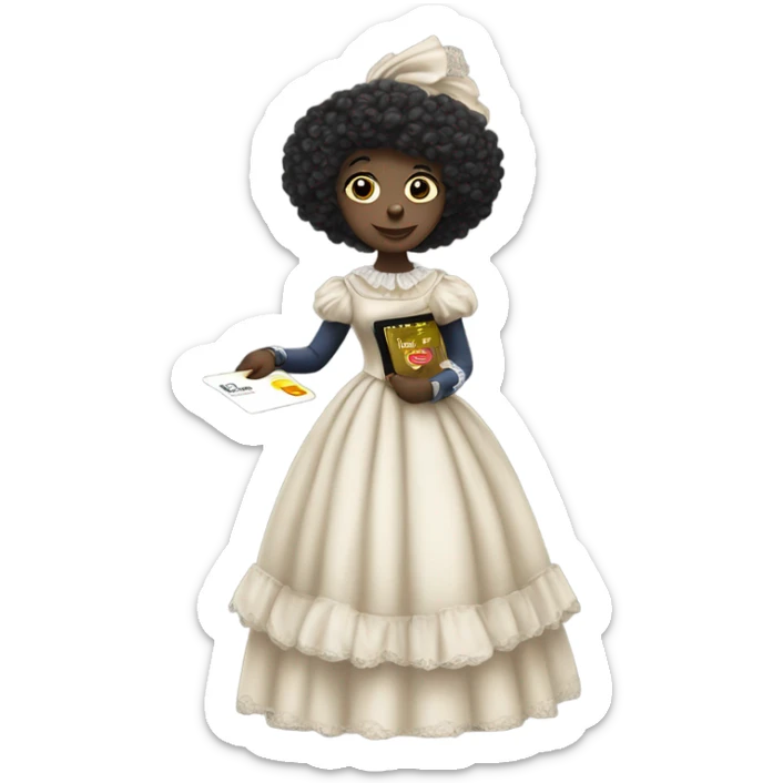 galora in Victorian dress elegant, full body, holding big credit card sticker