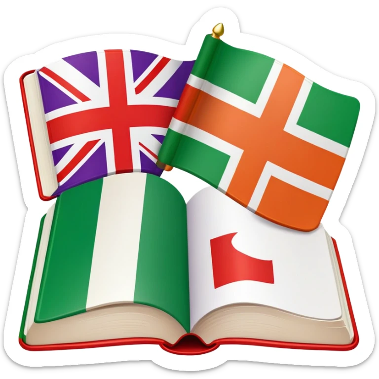 Italian to English dictionary book cover with correct Italian flag and extremely wrong British flag with completely incorrect colors like purple and orange or wrong symbols sticker