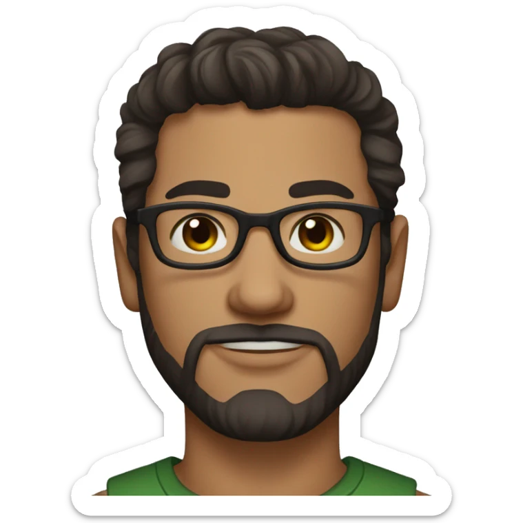 man, green eyes, dark brown hair with a slight gray streak, narrow glasses, tattoo on his hand sticker