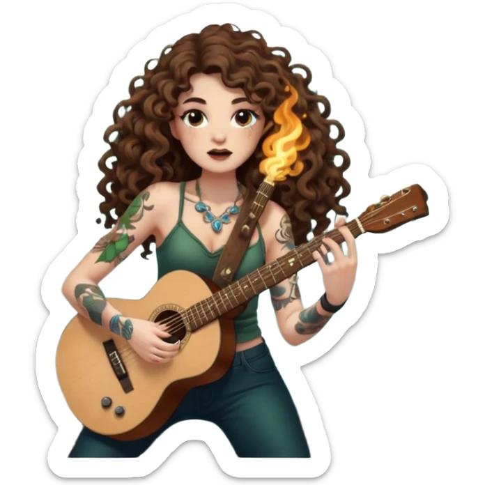 woman with long curly brown hair, brown eyes, white skin, tattoos, blowing glowing forest spores like stage smoke after a guitar solo sticker