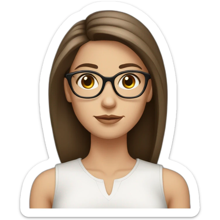 White skin Pretty woman with straigh brown hair, brown big eyes with glasses long eyebrow strong nose sticker