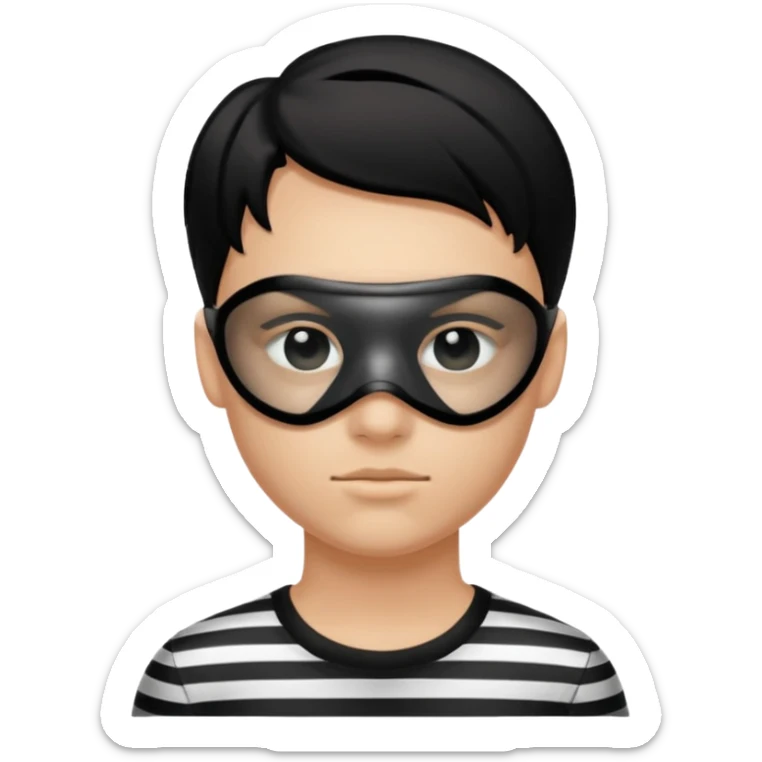 Realistic ios emoji-style portrait of a classic burglar, a black eye mask and a black-and-white striped shirt. Highly detailed, natural skin texture, soft cinematic lighting, realistic shadows, smooth gradients, clean outline, glossy reflections in the eyes.  sticker