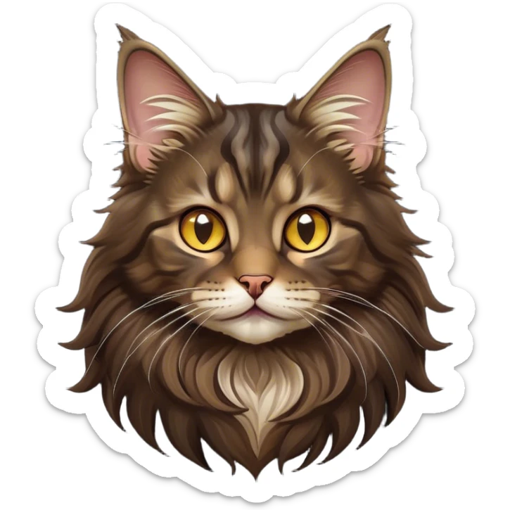 Cinematic Cute Maine Coon Cat Portrait Emoji, Head tilted playfully and inquisitively, sleek black, dark brown tones, Simplified yet adorable features, highly detailed, glowing with a warm, friendly glow, high shine, curious and affectionate, stylized with a touch of whimsy, bright and alert, soft glowing outline, capturing the essence of a mischievous yet loving kitten, so endearing it feels like it could pounce out of the screen and play with its fluffy tail swishing! sticker