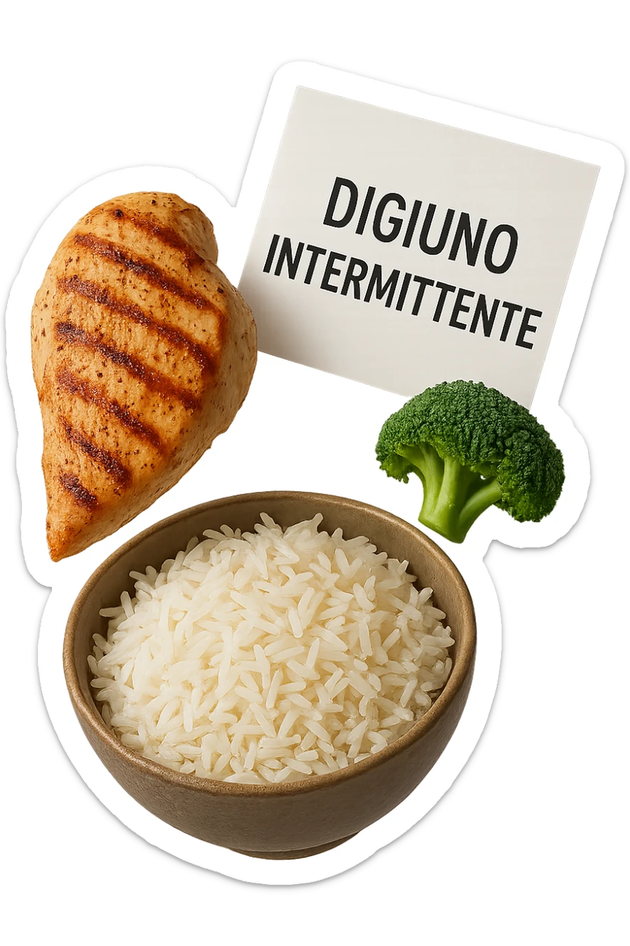 petto di pollo grigliato, bowl di riso basmati e broccoletti fluttuano in aria insieme ad un foglio con la scritta "DIGIUNO INTERMITTENTE", iperrealistico 4k sticker