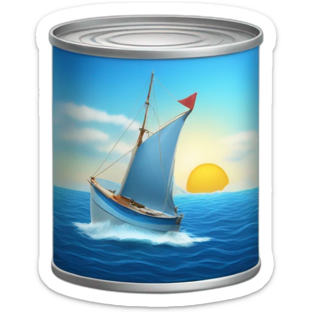 Realistic small can of tuna showing the blue shape of a sailling boat on a sea background sticker