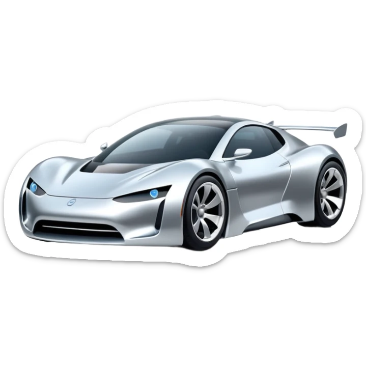 A low-profile futuristic car emoji made of polished silver chrome, wide body stance, smooth aerodynamic shape, glossy metallic surface, soft reflections, luxury swag aesthetic, minimal details, iOS emoji style, centered on clean white background, studio lighting sticker
