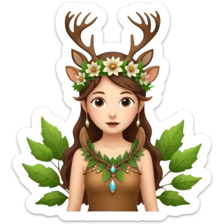 forest fairy woman dressed as deer spirit, antler crown and leaf dress, standing in flowers sticker