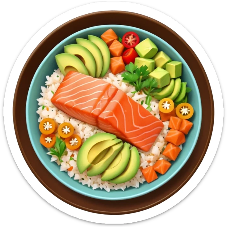 fresh salmon poke bowl viewed from above with salmon cubes, avocado, rice, colorful vegetables, appetizing, simple background, iPhone emoji style sticker