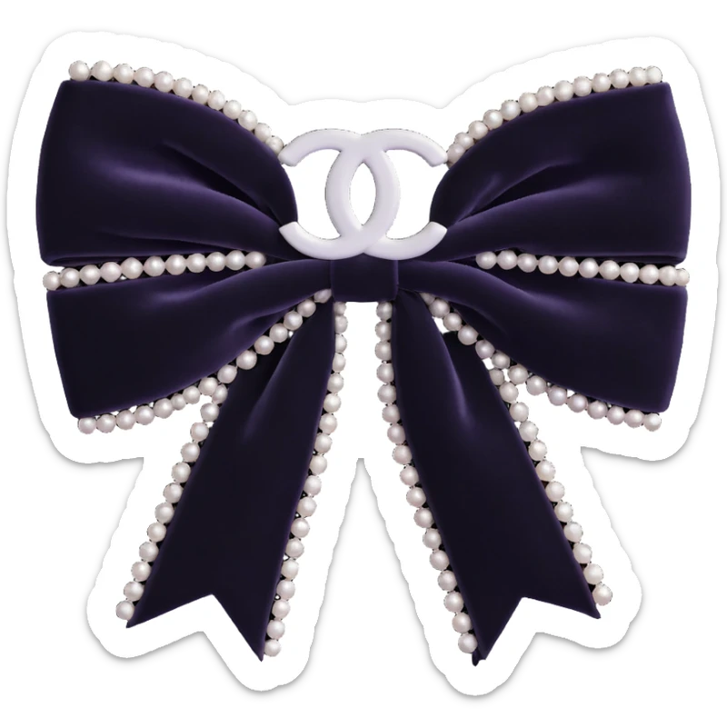 elegant velvet bow with pearls and silver Chanel logo, glossy, black and white, 3D emoji style sticker