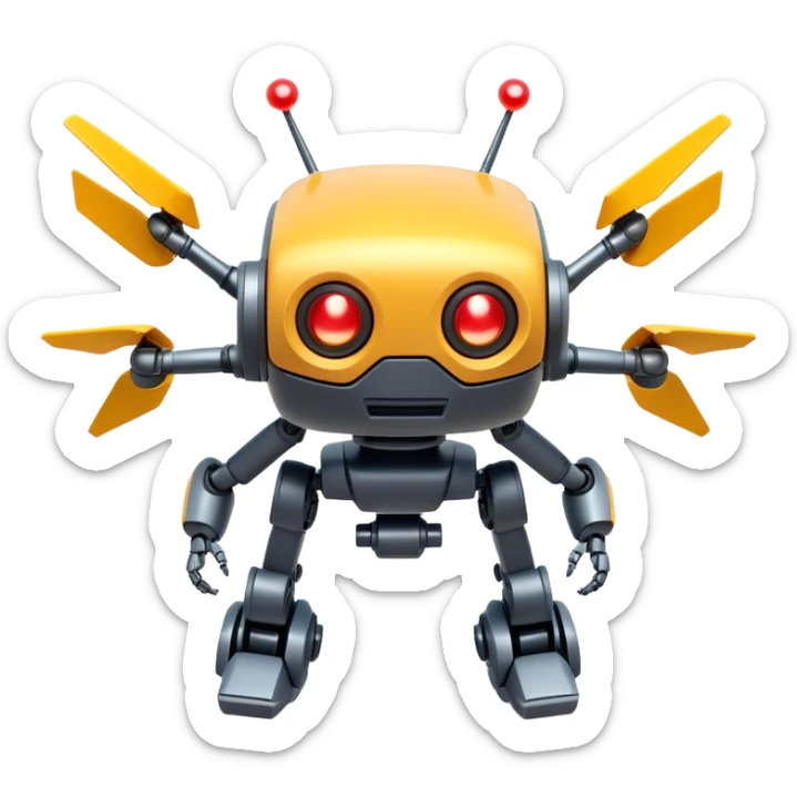 Clash of Clans aesthetic: Cinematic Playful 3D Isometric Robot Drone Emoji, rendered in a 3D vector-style similar to standard emojis with minimal shading and bold, simplified shapes. A compact, distinct form with signature details, softly glowing with a futuristic sci-fi warfare charm. Simplified yet unmistakably iconic, highly detailed and consistent, glowing with a soft radiance and high shine. Stylized with a touch of high-tech brilliance and a soft glowing outline, capturing the essence of a beloved gaming relic with a friendly, playful manner! sticker