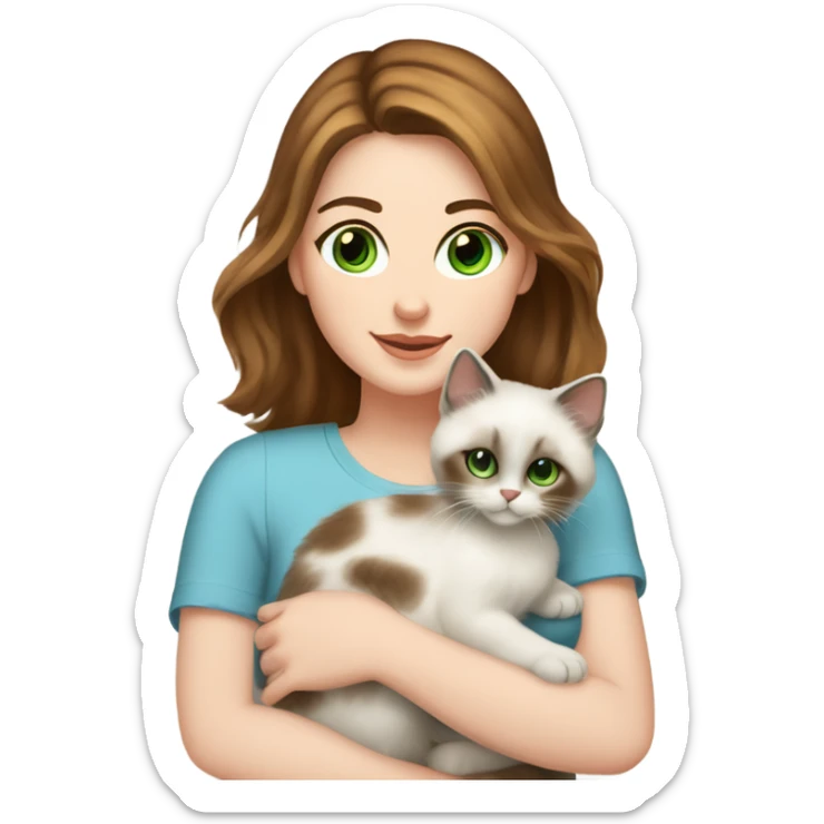 white woman with medium-length brown hair, green eyes and freckles on her nose, holding her birman kitten in her arms with much love, the baby cat has blue eyes, a lot of spots of dark on ears and middle of the face. sticker