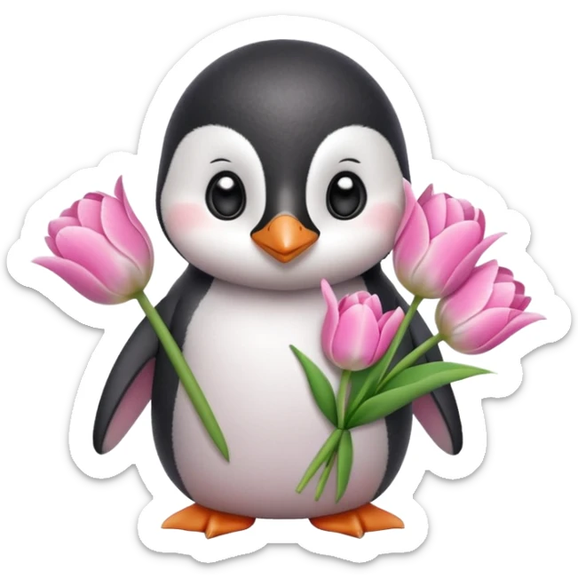 Cute baby penguin holding flower bouquet wraped in white paper and all flowers tulips in pink colour sticker
