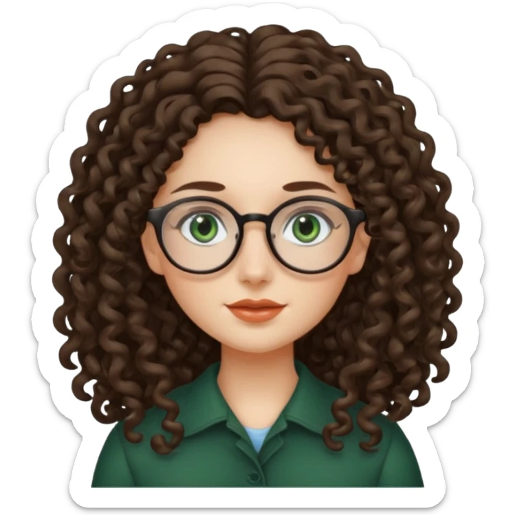 rapariga, olhos verdes escuros, rosto oval, cabelos muito compridos aos caracóis, com óculos sticker