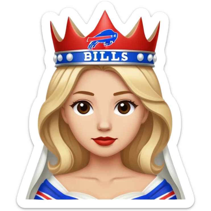 Blonde Buffalo Bills fan who’s a bride with the Buffalo Bills logo as the crown sticker