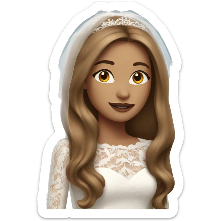 Beautiful woman with long straight light brown hair wearing a long sleeved laced wedding dress sticker