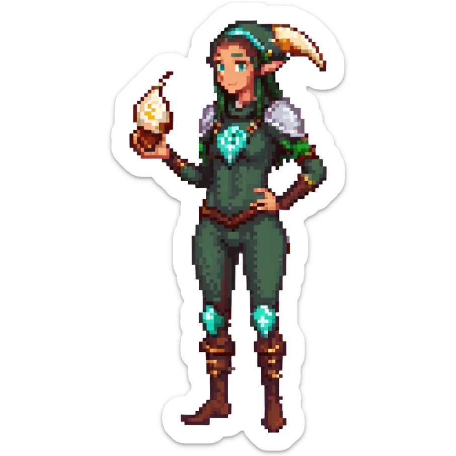 elf female Short wetsuit-style garb, glowing runes on skin, holding a conch horn. sticker