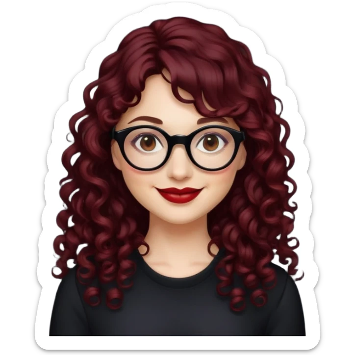 nữ 35 tuổi, da trắng,mặt tròn, môi đỏ thẫm, tóc dài xoăn, tóc mái 1/3, đeo kính đen, cười tươi sticker