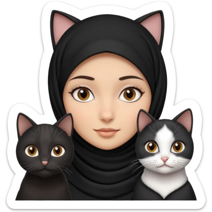 A girlhuman with brownblack eyes and black hijab. and three cats, two blackwhite and one grey cats animals  sticker
