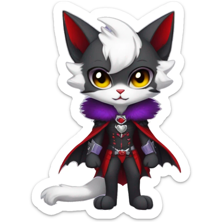Anthro-Cute-Edgy-Cool-Vampiric-Batty-Cat-Black-Purple-Red-Grey-White-Yellow-Contrast-Colors-Fantasy-Fur-Sona-Chibi-Shiny-Fakémon-Hybrid with horns and fangs and collar full body sticker
