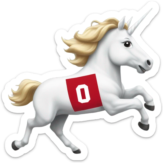 Unicorn running through football field wearing Ohio state university shirt sticker