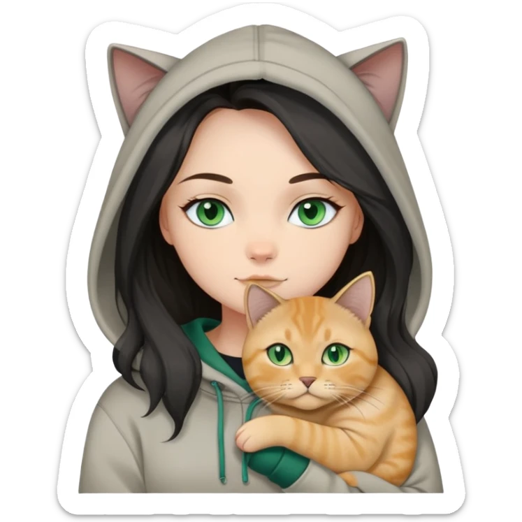 White girl blue eyes black balayage long hair beige hoodie cuddling a british shorthair golden cat with green eyes sticker
