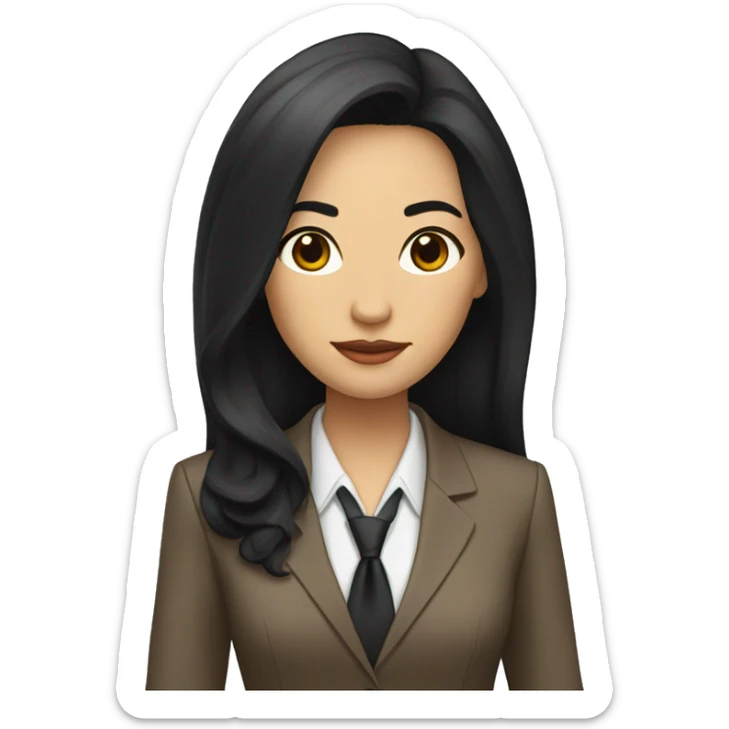 Female defense attorney with long black hair with brown suit sticker