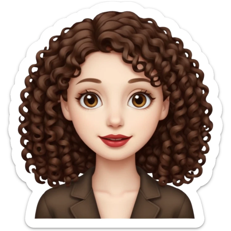 Light brown eyed female with pale skin. She has big eyes, curly and long dark brown hair and thin lips smiling. sticker