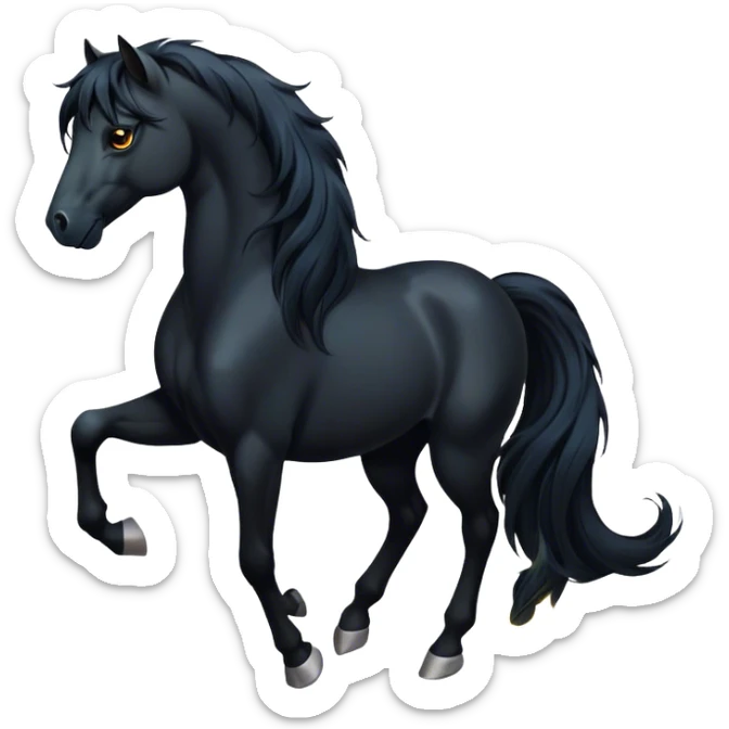 Cinematic Elegant Black Horse Portrait Emoji, Head held high with a serene, powerful gaze, showcasing a magnificent jet-black fur with a radiant, glossy finish, a flowing mane and tail, and piercing dark eyes exuding beauty and strength, Simplified yet majestically refined features, highly detailed, glowing with a soft, ethereal light, high shine, poised and breathtaking, stylized with an air of pure elegance, capturing the essence of a stunning and graceful steed, so beautiful it feels like it could gallop out of the screen with effortless charm! sticker