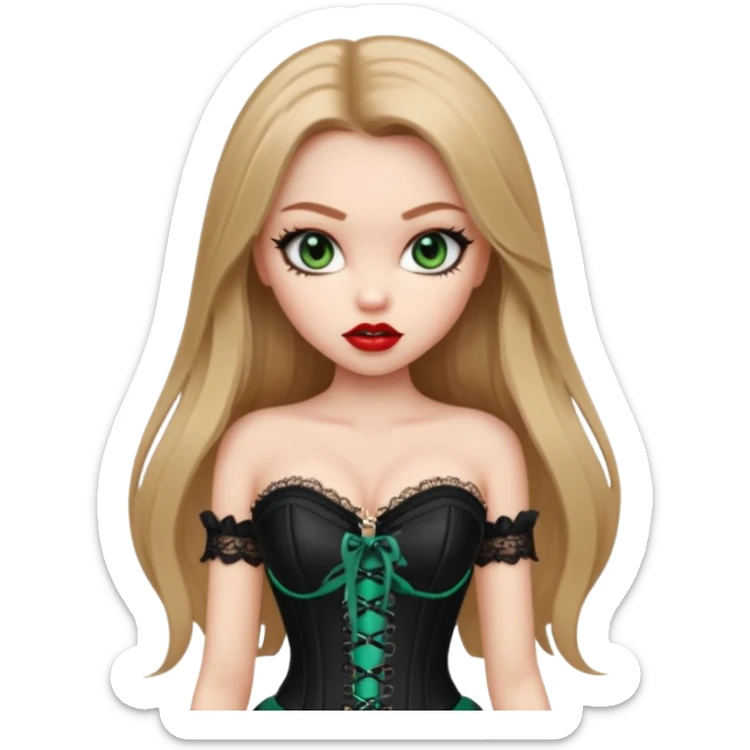 pretty bratz girl, long straight LIGHT BROWN HAIR, jade green eyes, black eyeliner, pale skin, black corset clothes with laces sticker