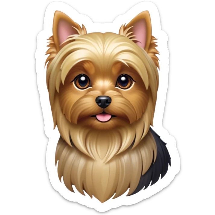 Cinematic Noble Yorkshire Terrier Portrait Emoji, Exuding refined charm and dignified poise, with a lustrous, silky fur in rich, deep hues, alert eyes and a confident expression, simplified yet exquisitely detailed, glowing with a soft, aristocratic radiance, high shine, embodying intelligent grace and classic elegance, soft glowing outline, capturing the essence of a regal Yorkshire Terrier ready to rule the screen with effortless sophistication! sticker