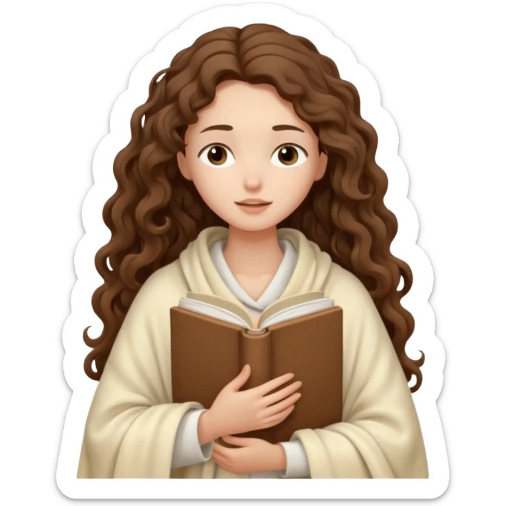 slender girl with fair skin with long curly brown hair wrapped in a cream blanket in her hands a white book eyes closed sticker