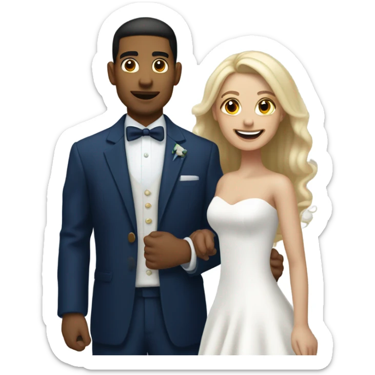 Puerto rican beard short hair with blue hat and navy blue suit getting Married with blond long hair girl with white  wedding dress  sticker