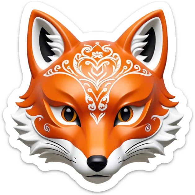 ​Cinematic Realistic Japanese Kitsune Mask, depicted as an intricately carved fox mask with flowing, delicate features and vivid traditional patterns, its mysterious eyes set against a softly blurred background that emphasizes its mystical allure and cultural significance, rendered with detailed textures and refined lighting, sticker